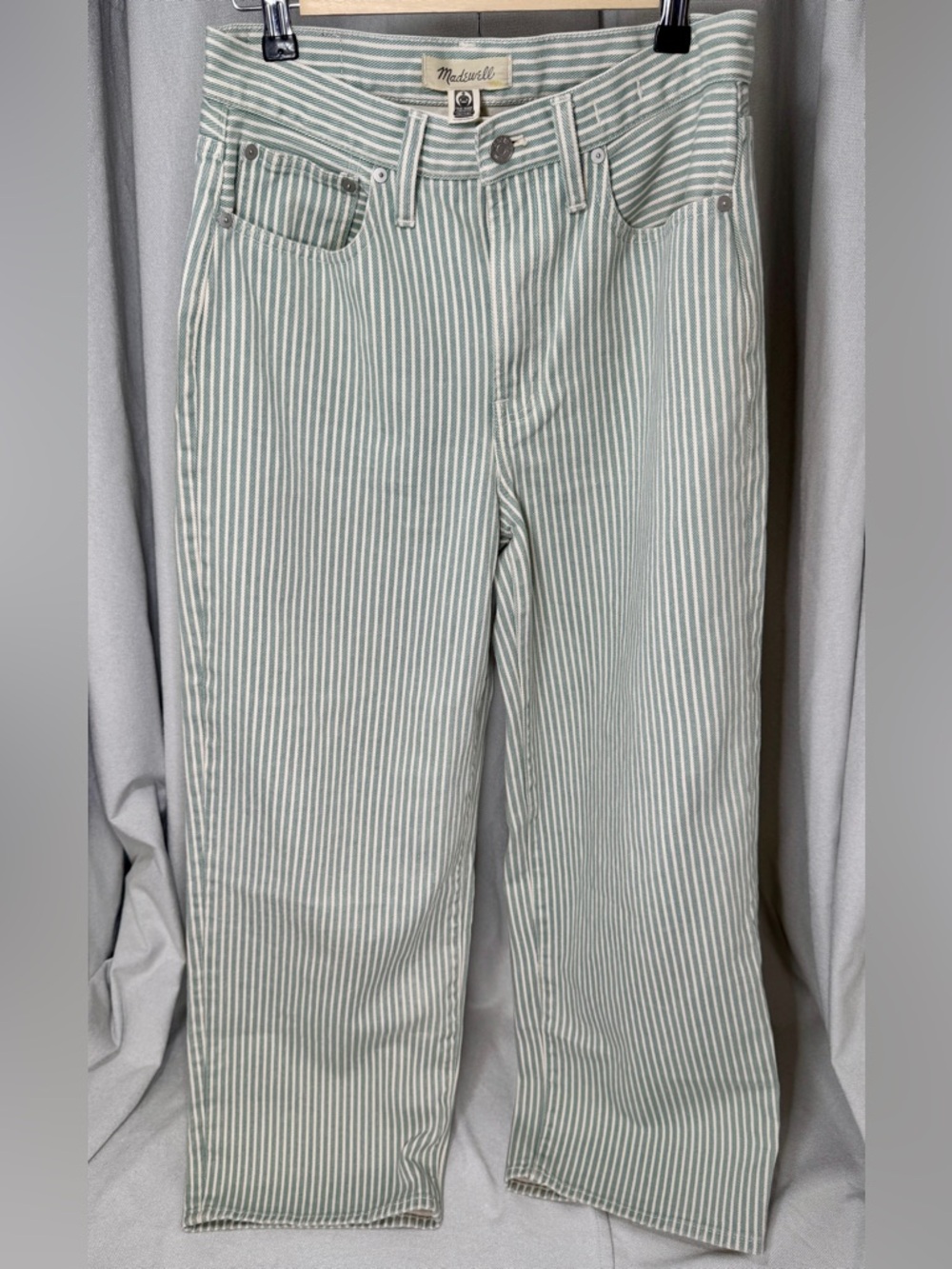 Madewell Striped Perfect Nonstretch Wide Leg Crop Jean in Pale Celadon, Size 28